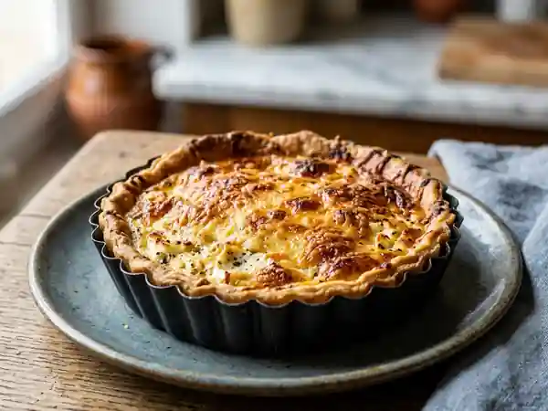 Tarte savoureuse au fromage de chèvre et gruyère fondant - Photo de présentation
