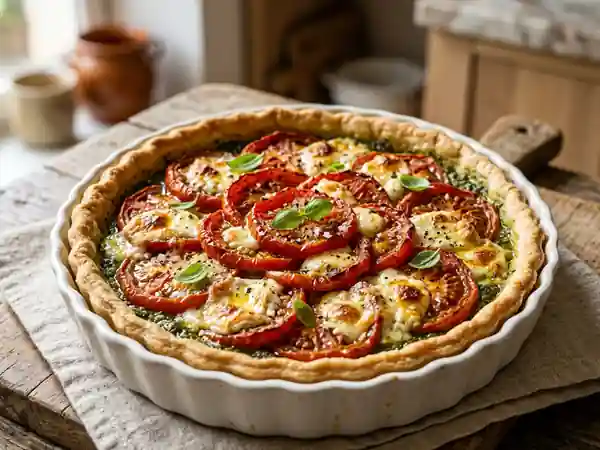Tarte savoureuse au pistou, tomates fraîches et Rocamadour fondant - Photo de présentation