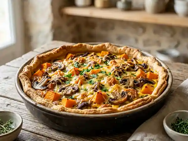 Tarte savoureuse au potiron et champignons frais - Photo de présentation