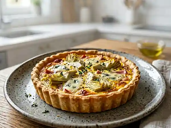 Tarte savoureuse au roquefort, artichauts et jambon - Photo de présentation
