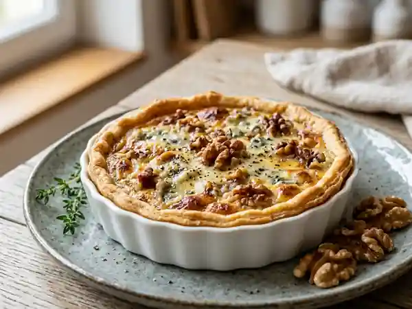 Tarte savoureuse au roquefort et noix sans œufs - Photo de présentation