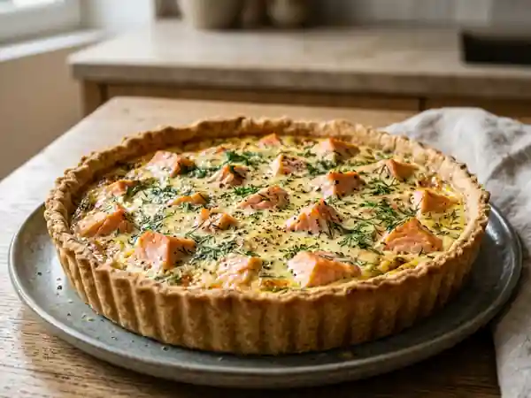 Tarte savoureuse au saumon frais et aneth - Photo de présentation