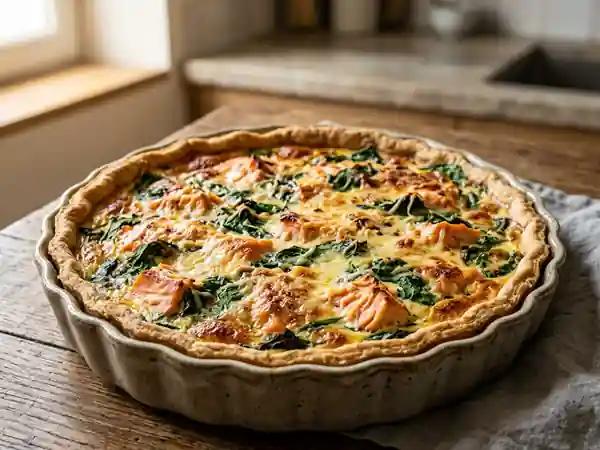 Tarte savoureuse au saumon frais et épinards fondants - Photo de présentation