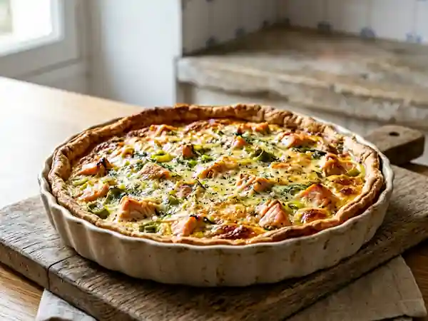 Tarte savoureuse au saumon frais et poireaux fondants - Photo de présentation