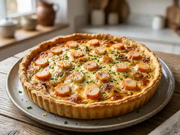 Tarte savoureuse au surimi et oignons caramélisés - Photo de présentation
