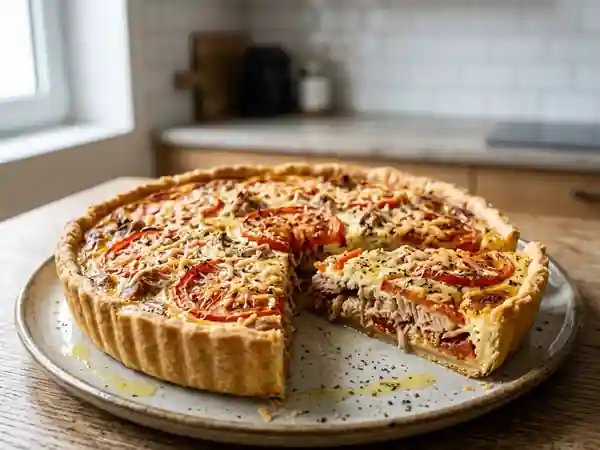 Tarte savoureuse au thon et tomates fraîches - Photo de présentation