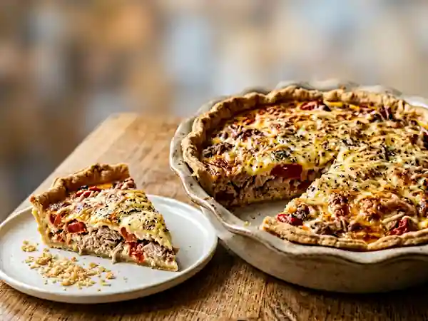 Tarte savoureuse au thon et tomates pelées - Photo de présentation