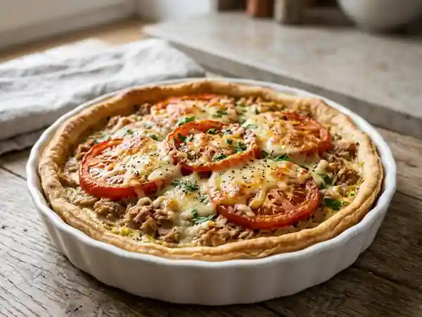 Tarte savoureuse au thon, tomate et moutarde - Photo de présentation