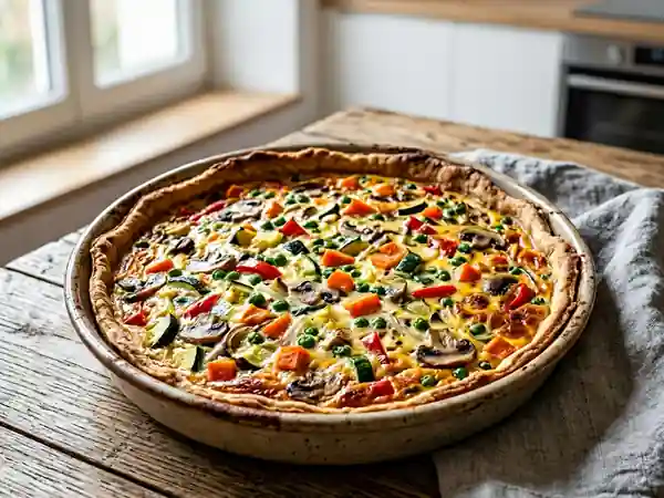 Tarte savoureuse aux 5 légumes et champignons frais - Photo de présentation