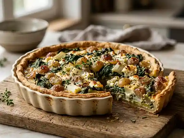 Tarte savoureuse aux blettes fraîches et raisins sucrés - Photo de présentation