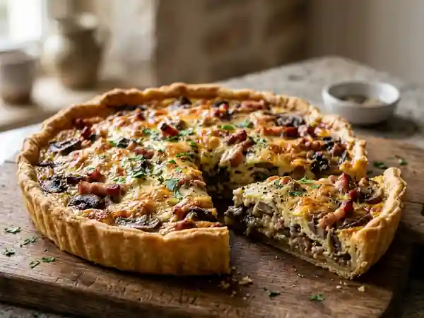 Tarte savoureuse aux champignons et lardons croustillants - Photo de présentation