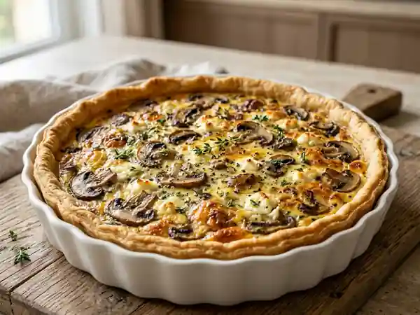 Tarte savoureuse aux champignons frais et chèvre crémeux - Photo de présentation