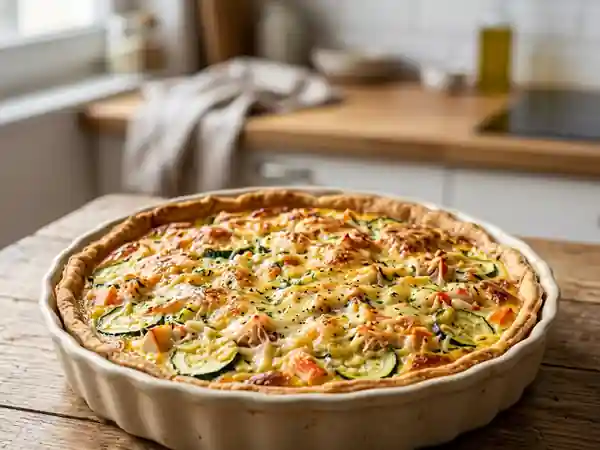 Tarte savoureuse aux courgettes, crabe et surimi - Photo de présentation