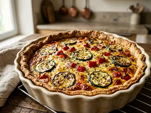 Tarte savoureuse aux courgettes et poivrons colorés - Photo de présentation