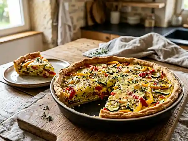 Tarte savoureuse aux courgettes et poivrons colorés - Photo de présentation