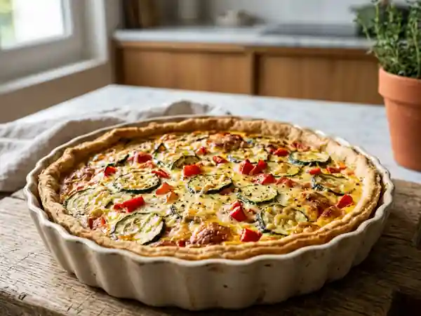 Tarte savoureuse aux courgettes et poivrons colorés - Photo de présentation