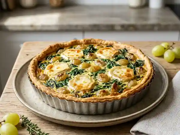 Tarte savoureuse aux épinards, chèvre et raisins - Photo de présentation