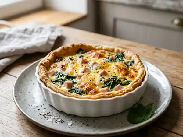 Tarte savoureuse aux épinards frais et jambon fondant - Photo de présentation