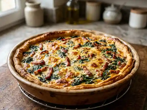 Tarte savoureuse aux épinards frais et lardons croustillants - Photo de présentation
