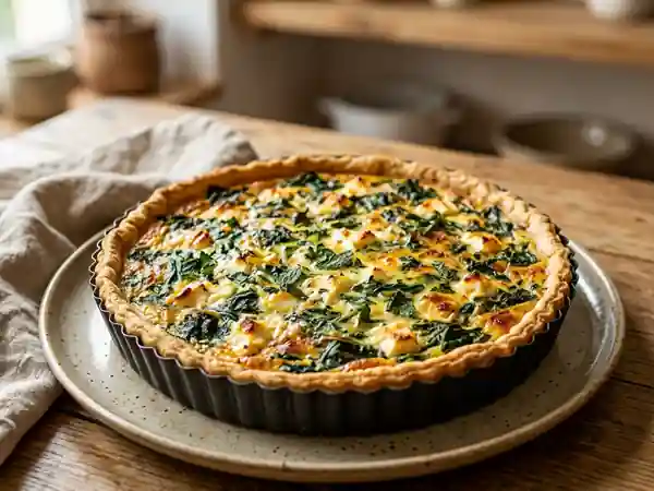 Tarte savoureuse aux épinards, menthe fraîche et feta fondante - Photo de présentation