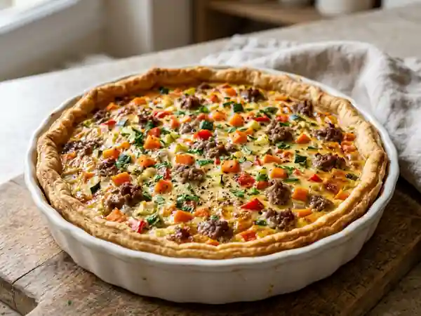 Tarte savoureuse aux petits légumes et viande fondante - Photo de présentation