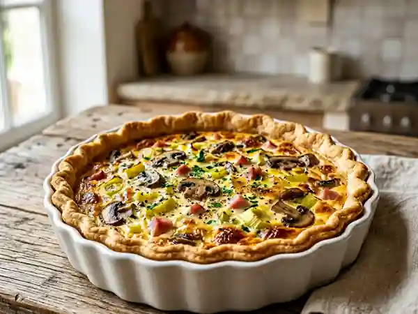 Tarte savoureuse aux poireaux, champignons et jambon - Photo de présentation