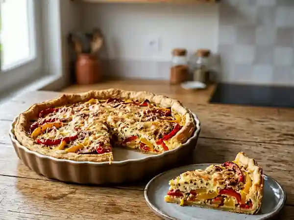Tarte savoureuse aux poivrons et moutarde à l'ancienne - Photo de présentation