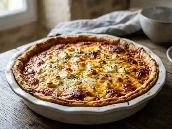 Tarte savoureuse aux trois fromages et sauce tomate maison - Photo de présentation