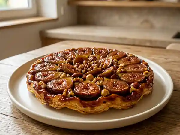 Tarte Tatin aux figues fraîches et fruits secs caramélisés - Photo de présentation