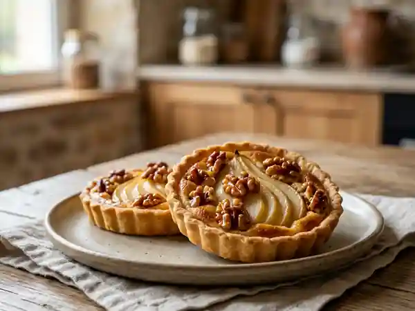 Tartelettes fondantes aux poires et noix caramélisées - Photo de présentation