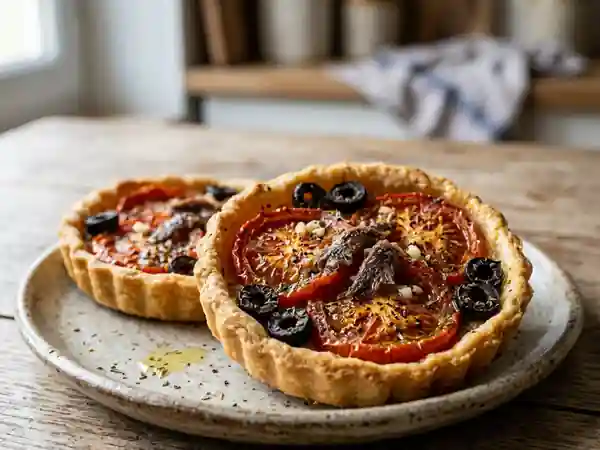 Tartelettes savoureuses aux tomates, anchois et olives - Photo de présentation