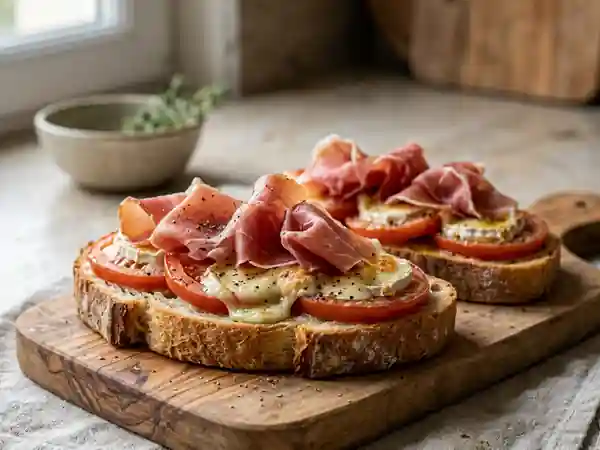 Tartine rustique chèvre fondu et jambon cru - Photo de présentation