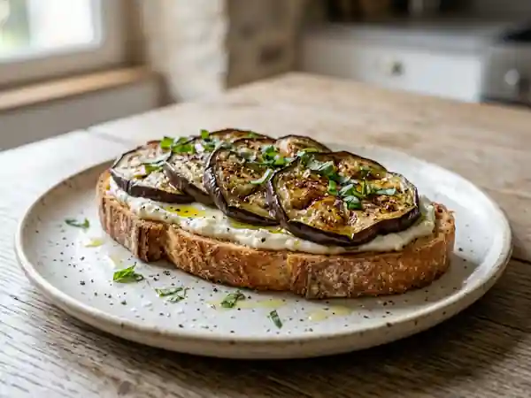 Tartine croustillante à l'aubergine fondante - Photo de présentation