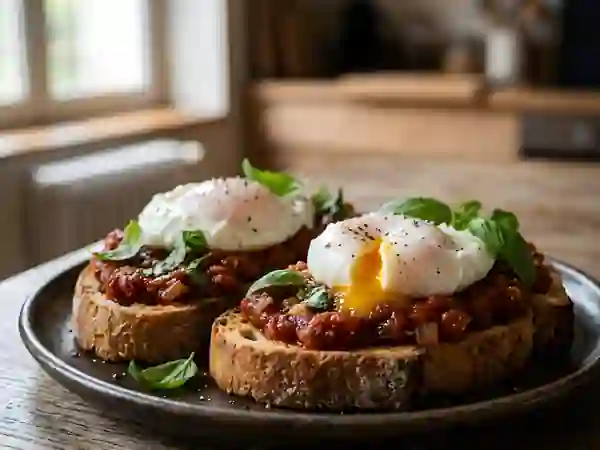 Tartines croquantes aux œufs pochés et tomate - Photo de présentation