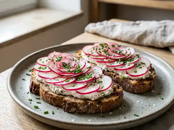 Tartines gourmandes au pain de seigle, fromage frais et radis croquants - Photo de présentation