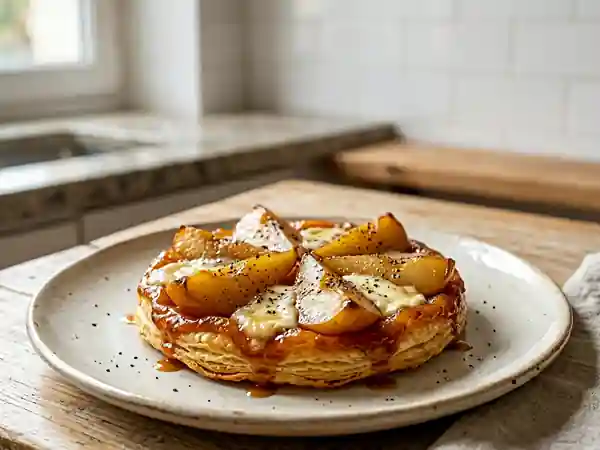 Tatin gourmande au fromage de chèvre et poires caramélisées - Photo de présentation