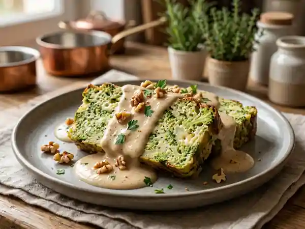 Terrine de brocolis onctueuse nappée d'une sauce crémeuse aux noix - Photo de présentation