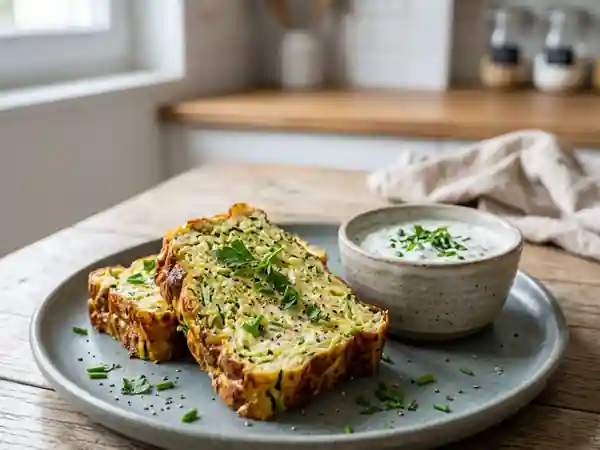 Terrine de courgette légère accompagnée d'une sauce yaourt aux herbes fraîches - Photo de présentation