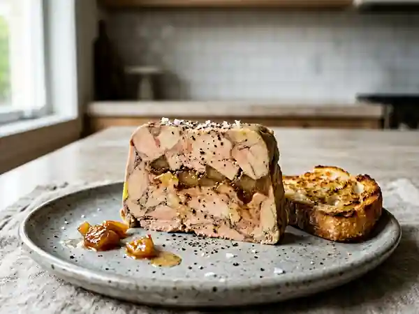 Foie gras fondant aux pommes flambées à l'Armagnac - Photo de présentation