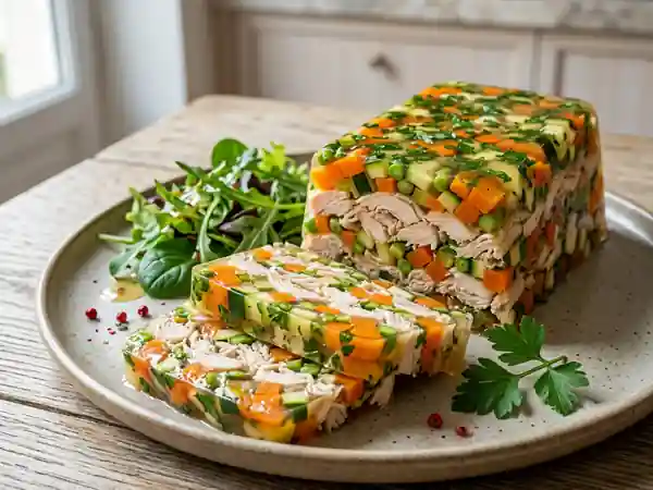 Terrine de légumes et poulet en gelée maison - Photo de présentation