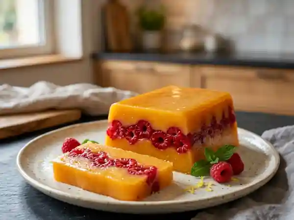 Terrine fondante aux pêches et framboises - Photo de présentation