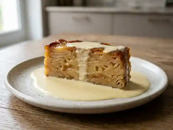 Terrine gourmande de pommes confites accompagnée de sa crème anglaise onctueuse - Photo de présentation
