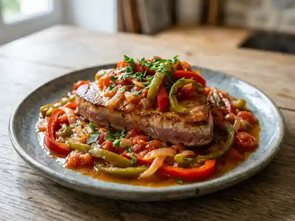Thon snacké et piperade fondante au piment - Photo de présentation