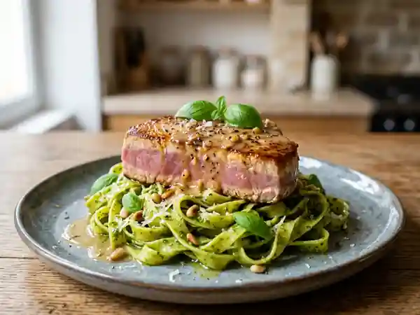 Tagliatelles au pesto et pavé de thon fondant - Photo de présentation