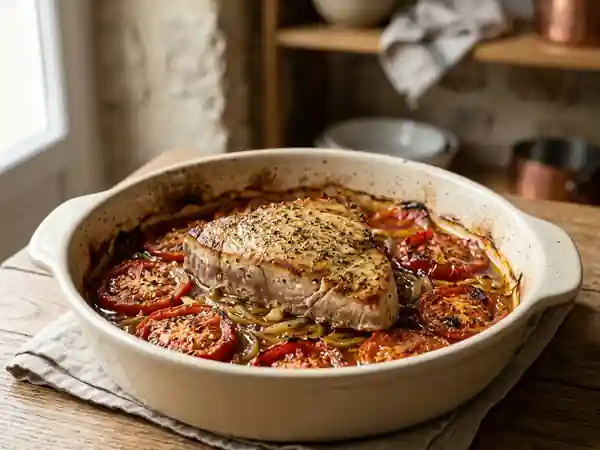 Thon fondant au lit de tomates confites - Photo de présentation