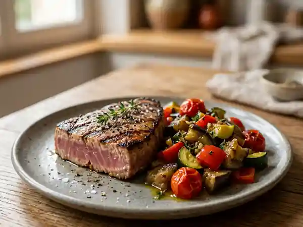 Thon grillé aux légumes confits : recette savoureuse et facile - Photo de présentation