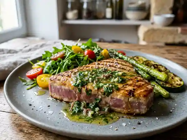 Thon grillé et sauce vierge aux anchois - Photo de présentation