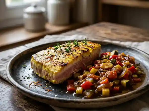 Thon rôti au safran et confit de légumes méditerranéens - Photo de présentation