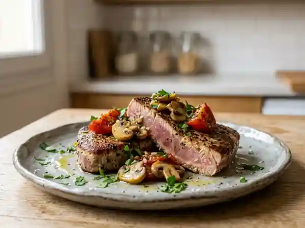 Thon rôti fondant aux champignons et tomates - Photo de présentation