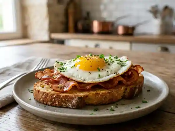 Toast gourmand à l'œuf et bacon croustillant - Photo de présentation